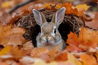 Adorable gray rabbit peeking out from burrow surrounded by vibrant orange autumn maple leaves and twigs in natural woodland setting, creating seasonal atmosphere.