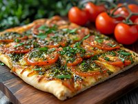 Fresh homemade flatbread topped with sliced tomatoes, aromatic herbs, and olive oil on wooden cutting board, served with ripe cherry tomatoes on vine.
