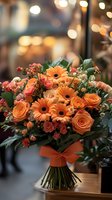 Vibrant bouquet with orange gerbera daisies and roses tied with matching ribbon, arranged with greenery against soft bokeh lights background for wedding or celebration.