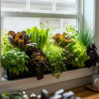 Indoor hydroponic herb garden with fresh lettuce, basil and greens growing in kitchen window planter for sustainable home cooking and organic food production.