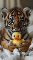 Adorable tiger cub holding yellow rubber duck toy on soft white blanket. Cute baby animal with orange black stripes and bright eyes for nursery decor.