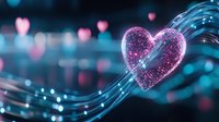 Glowing pink heart with sparkles floating on flowing turquoise light waves against dark background with bokeh hearts. Romantic Valentine concept for design.