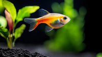 Orange and silver tetra fish swimming in aquarium with green plants and dark substrate background, side view close-up of freshwater tropical fish in natural setting.