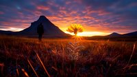 Dramatic sunrise over mountain landscape with single wildflower in foreground, golden hour lighting creates warm glow across desert terrain and colorful sky.
