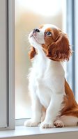 Adorable Cavalier King Charles Spaniel puppy with white and brown fur sitting on windowsill, looking up with curiosity. Natural window lighting creates soft mood.
