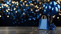 Blue gift bag with matching balloons and scattered sparkles against dark background with golden bokeh lights creating festive holiday atmosphere.
