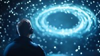 Man looking at glowing blue spiral galaxy portal in dark space with bokeh light effects, creating mystical sci-fi atmosphere for conceptual designs.