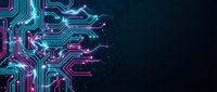 Futuristic circuit board pattern with glowing neon lines in cyan and magenta colors on dark background for technology and digital design projects.