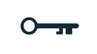 Simple black antique key silhouette isolated on white background, ready for design projects and branding materials.