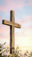 Wooden cross stands among white flowers against pastel sunrise sky for Easter celebration and Christian faith concepts.