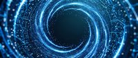 Abstract digital tunnel with concentric glowing circles and particle data streams, representing technology, connectivity, and digital transformation for web design and tech backgrounds.