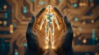 Digital human figure glowing with golden light held between two hands against circuit board background, representing artificial intelligence, technology innovation, and digital transformation for tech industry applications.