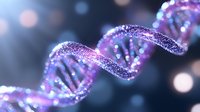 DNA double helix structure with purple and blue glowing effects on dark background for genetic research, biotechnology and molecular biology concepts.