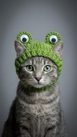 Adorable tabby cat wearing green knitted frog hat with googly eyes on gray background for pet costume and humor concepts.