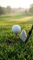Golf ball on tee with iron club on green grass course during golden hour sunrise creating warm atmospheric lighting for sports and recreation concepts.