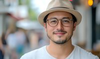 Young Asian man wearing fedora hat and glasses smiling at camera with confident expression, casual white t-shirt against blurred urban background.