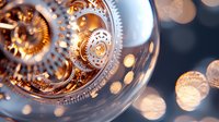 Intricate clockwork mechanism with copper and silver gears inside glass sphere, soft bokeh lights in background creating dreamy mechanical atmosphere.