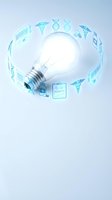 Light bulb surrounded by floating medical icons including DNA strands, caduceus symbols, and healthcare charts representing innovation in medicine and technology.
