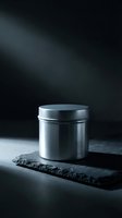 Silver metal tin container on dark slate stone surface with dramatic lighting and shadows for product packaging and cosmetic branding.