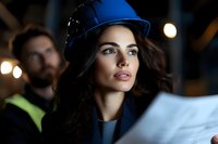 Female engineer in blue hard hat reviewing construction plans at industrial site with colleague in background.