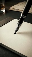 Luxury fountain pen with chrome accents writing on blank white paper at desk with leather pad, whiskey glass, and documents for business, correspondence, and professional writing projects.