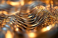 Luxurious golden waves with shimmering bokeh effect create dynamic flowing pattern. Abstract metallic surface with rippling motion and warm glowing highlights. Macro photography.