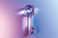 Metallic key silhouette on pink and blue gradient background with soft focus and dramatic lighting creates mysterious atmosphere for security concepts.