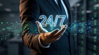Professional businessman in suit presenting 24/7 service concept with glowing digital network connections and data center background for tech support.