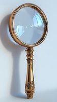 Vintage brass magnifying glass with ornate decorative handle and clear lens isolated on white background for detective investigation concepts.
