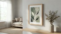 Modern minimalist living room interior with botanical leaf artwork in wooden frame on white wall, neutral beige armchair and eucalyptus branch in vase.