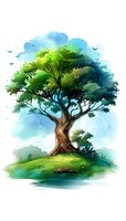 Watercolor style illustration of lush green tree on small island with blue sky and birds, suitable for environmental or nature-themed projects.