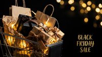 Metallic gift boxes with black ribbons and gold bows arranged in shopping cart with warm bokeh lights on dark background, promoting seasonal retail discount event.