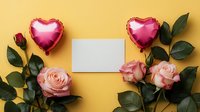 Pink roses and heart balloons frame blank card on yellow background for romantic greeting messages and love celebrations.
