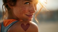 Close-up portrait of young redhead woman with freckles and heart tattoo on shoulder, backlit by golden sunlight during sunset.