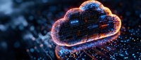 Glowing digital cloud with circuit patterns and data particles floating in dark space, representing cloud computing and network technology solutions.