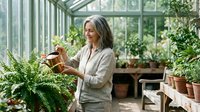 Mature woman with gray hair watering plants in bright greenhouse surrounded by lush greenery and terracotta pots creating peaceful gardening atmosphere.