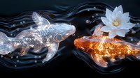 Luminous silver and golden koi fish swimming in dark water with white lotus flower, glowing ethereal effect creates magical underwater scene with flowing waves.
