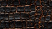 Close up of dark leather texture with embossed crocodile pattern and copper-colored highlights showing detailed scales and natural material surface.