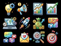 Colorful watercolor digital marketing icon set isolated on transparent background. Includes rocket, SEO target, money bag, social media, and more. Great for clipart, stickers, T-shirt design.