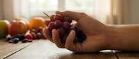Mature adult hand holding fresh red grapes over wooden table with assorted fruit in soft natural light, suitable for food, nutrition, and healthy lifestyle content.
