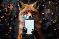 Red fox holding blank smartphone screen against dark background with glowing bokeh lights, magical forest atmosphere for social media and technology concepts.