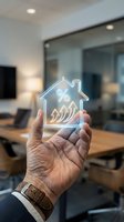Hand holding glowing house hologram with percentage symbol in modern office space representing real estate investment and mortgage rates.