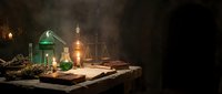 Vintage apothecary scene with green glass bottles, brass scales, old books and candlelight creating mystical atmosphere for historical or fantasy themes.