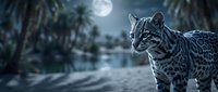 Spotted wild cat ocelot in moonlit tropical jungle landscape with palm trees and dramatic nocturnal atmosphere for wildlife and nature projects.