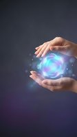 Female hands holding glowing blue and purple energy orb with magical light effects against dark background. Represents innovation, technology, power, and future concepts for business and science applications.