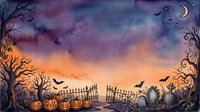 Spooky Halloween night scene with pumpkins, cemetery gates, tombstones and bats under starry twilight sky for seasonal decorations and horror themes.
