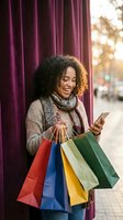 Happy young African American woman with curly hair using smartphone while holding colorful shopping bags outdoors during golden hour sunset.