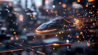 Futuristic spacecraft flying through dark urban environment with glowing orange particles and light effects creating dramatic atmospheric scene.