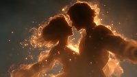 Silhouettes of romantic couple surrounded by glowing embers and golden light, creating a magical atmosphere of love and passion against dark background.