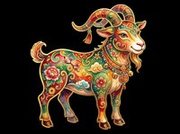Colorful Chinese zodiac goat with ornate floral patterns and gold details, isolated on transparent background, ready for clipart, stickers, and print on demand.